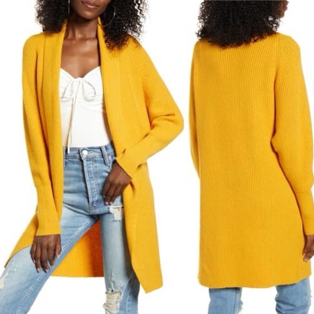 NEW Leith Cardigan Sweater Dolman Sleeve Long Open Front Rib Knit Yellow Size S